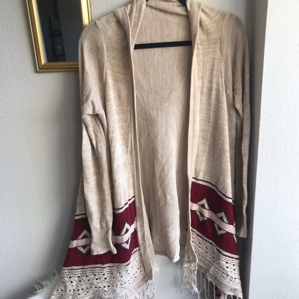 Long hooded cardigan with fringe